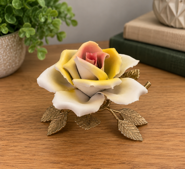 Vintage Capodimonte-Style Porcelain Yellow Rose with Brass Leaves