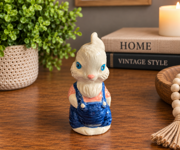 Vintage Ceramic Bunny Rabbit Figurine in Blue Overalls – Easter Décor