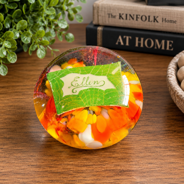 Vintage Art Glass Paperweight – Personalized “Ellen” – Flat Top, Ground Base