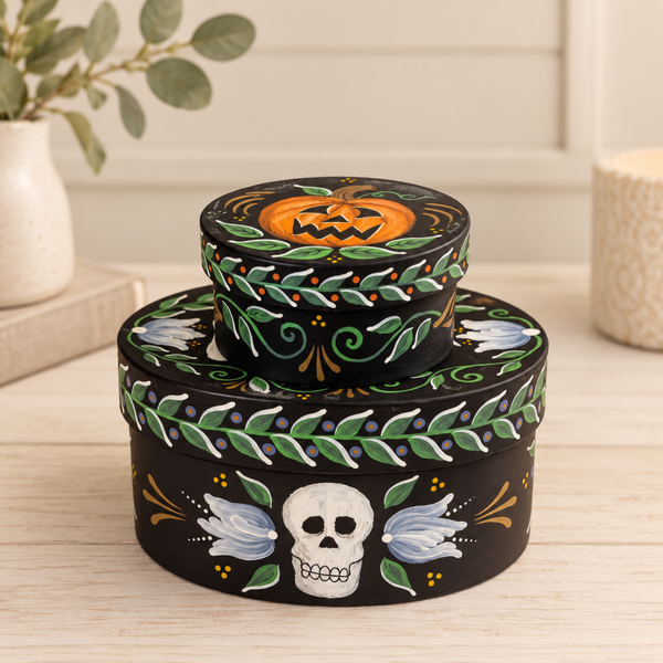 Hand-Painted Halloween Folk Art Nesting Boxes – Skull & Pumpkin Set of 2