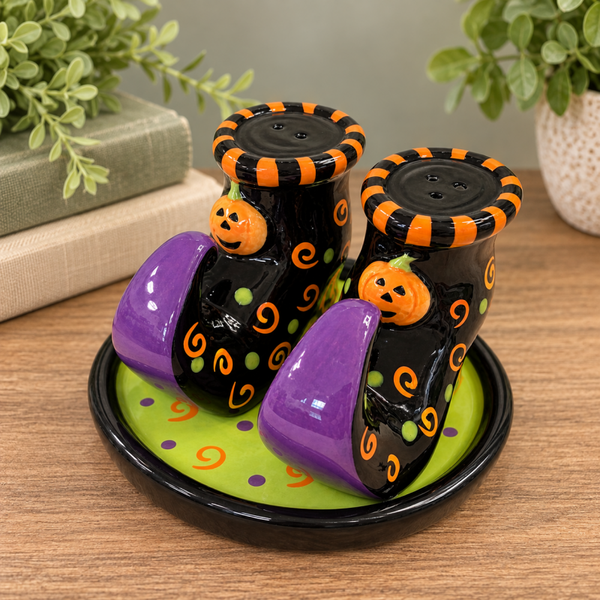 Halloween Witch Boot Salt & Pepper Shaker Set with Display Plate