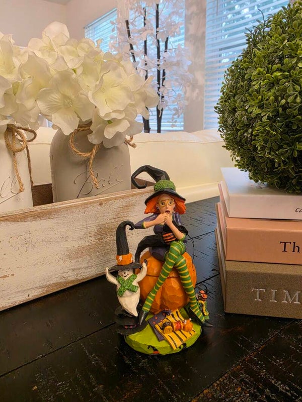 Vintage Joann Spooky Hollow Witch Crafty Figurine – Witch Sitting on Pumpkin
