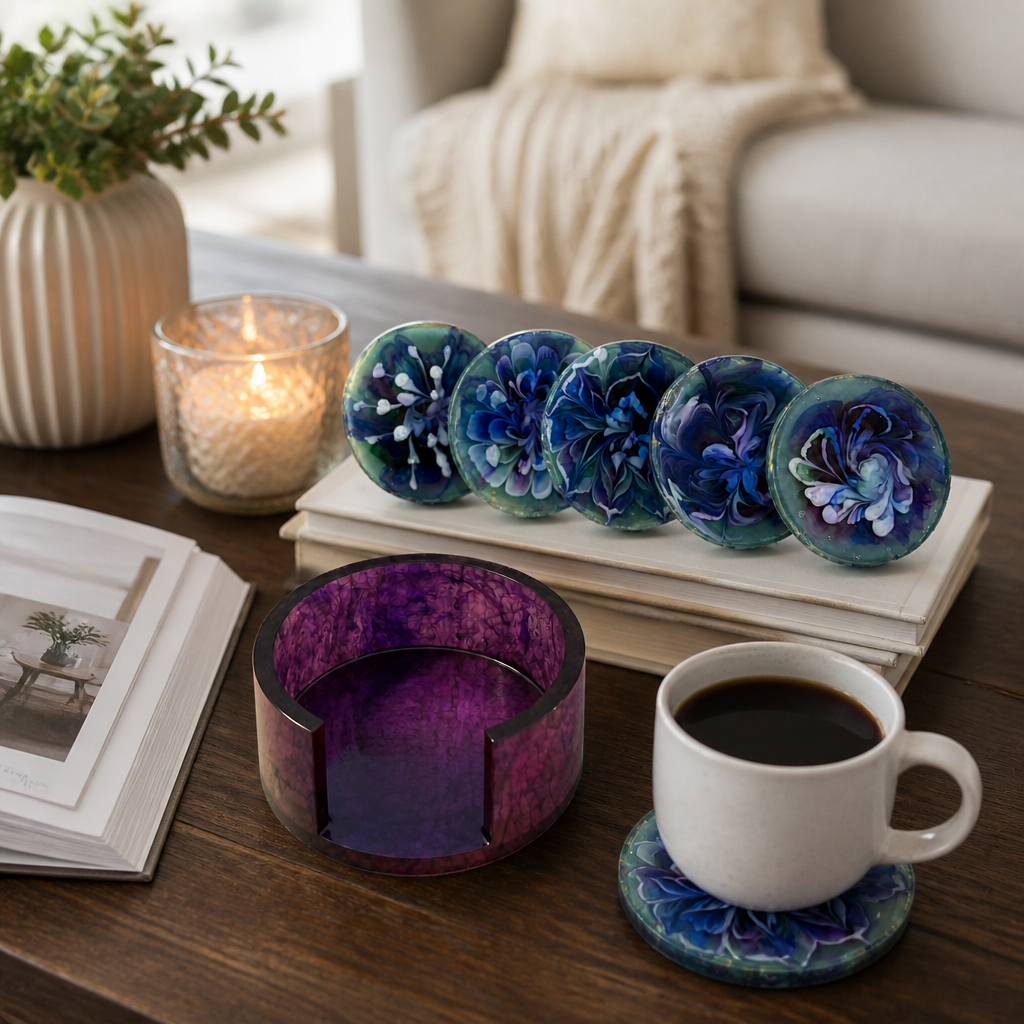 Handcrafted Resin Coaster Set with Matching Holder