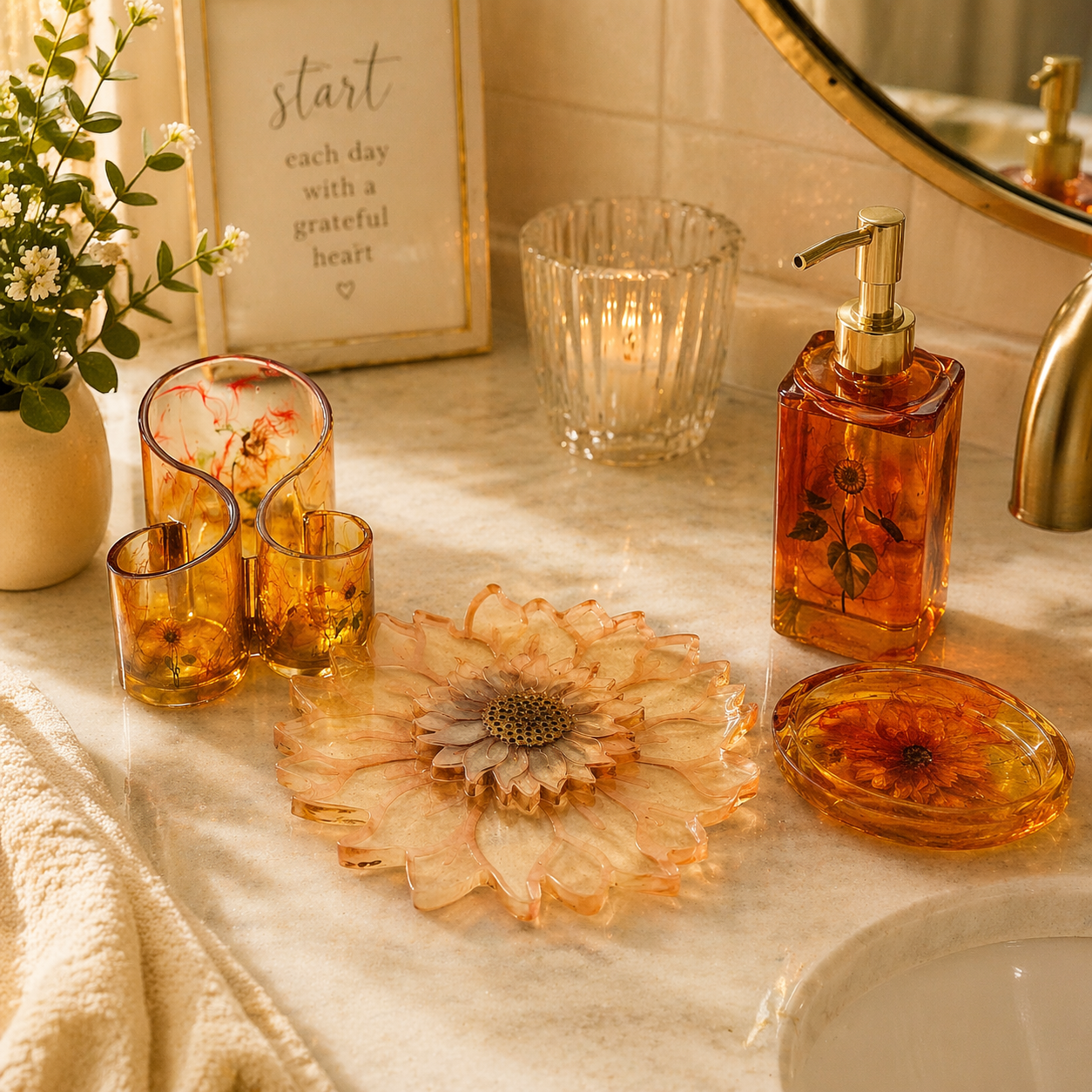 ✨ Handmade Sunflower Resin Bathroom Set
