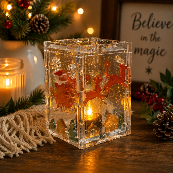 ✨ Handmade Christmas Resin Lantern – Santa & Reindeer Scene
