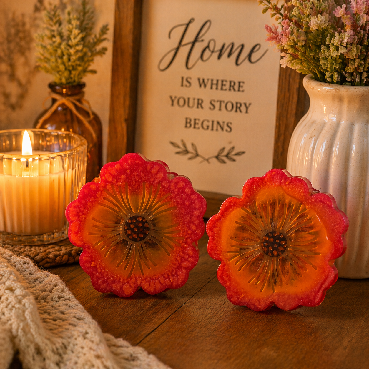 Handcrafted Resin Flower Coaster Set – Red & Orange Petal Glow