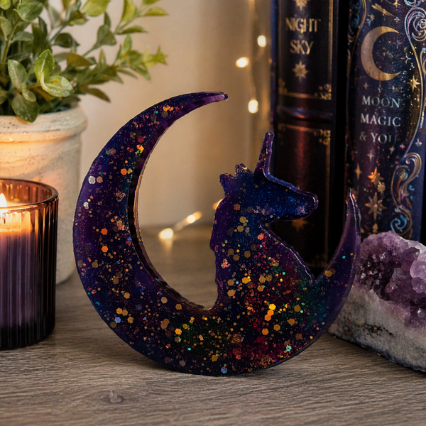 Galaxy Unicorn Moon Resin Decor – Handmade Sparkling Unicorn Silhouette – Fantasy Home Decor