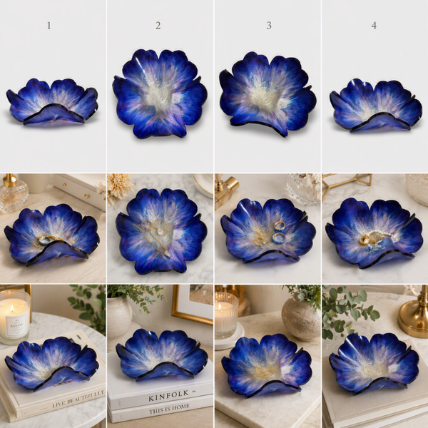 Blue Violet Bloom Resin Trinket Dish | Floral Jewelry Tray | Handmade Decorative Catch-All Dish | Unique Gift Idea | Vanity Decor