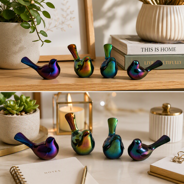 Iridescent Bird Figurine Set | Color Changing Resin Birds | Decorative Mini Bird Collection | Unique Shelf Decor | Gift Idea