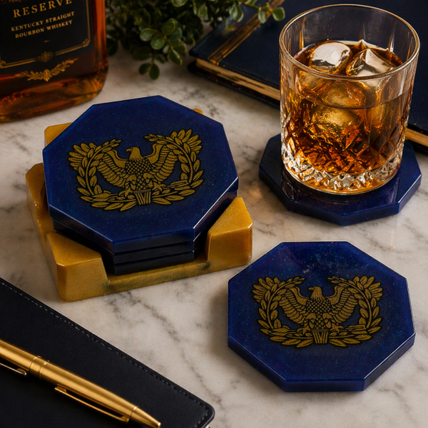 Warrant OfficerRising Eagle Coaster Set | Military Insignia Coasters | Hand-Poured Resin Drink Coasters with Holder | Gift for Service Member | Bar Décor