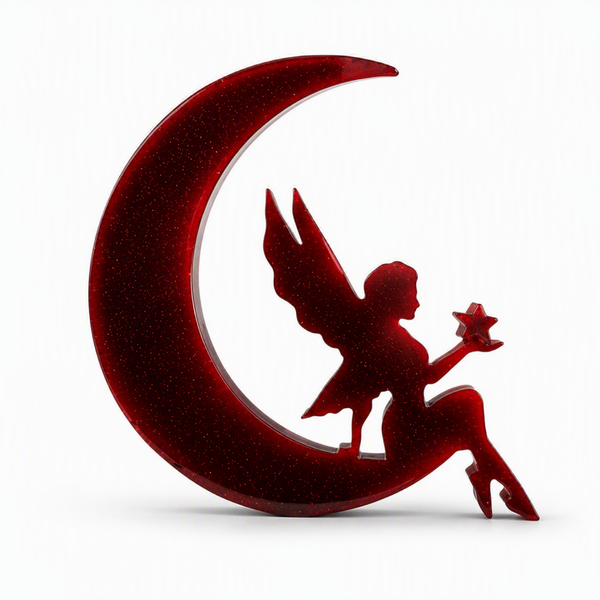 Crimson Moon Fairy Decor | Hand-Poured Resin Crescent Moon & Fairy | Fantasy Home Accent | Magical Gift | Enchanted Shelf Decor