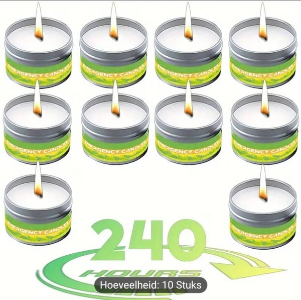 Pakket van 10 Noodkaarsen – 240 Uur Brandtijd (6×4 cm)