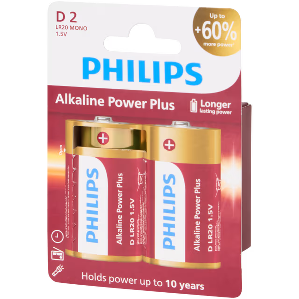 Philips batterijen D 2 stuks