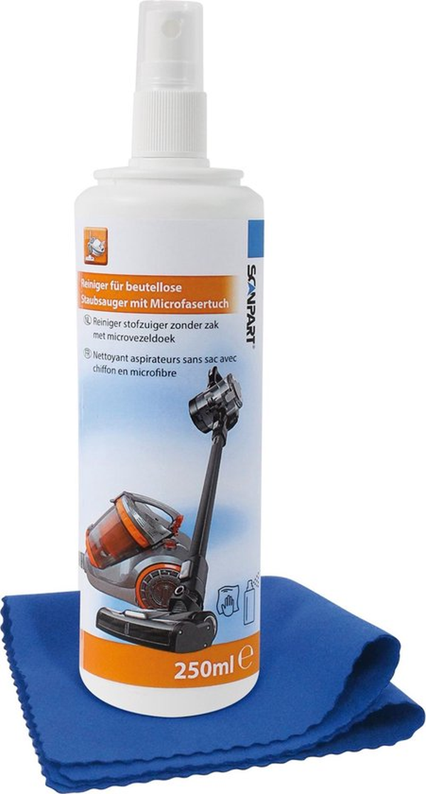 Scanpart bagless stofzuiger reiniger - 250 ml spray - Speciaal geschikt voor stofzuigers zonder zak - Inclusief doek