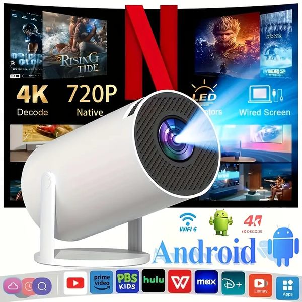 Draagbare HD-projector met automatische keystonecorrectie en 180° rotatie, Android11 WiFi 6/BT5.2, 200 lumen