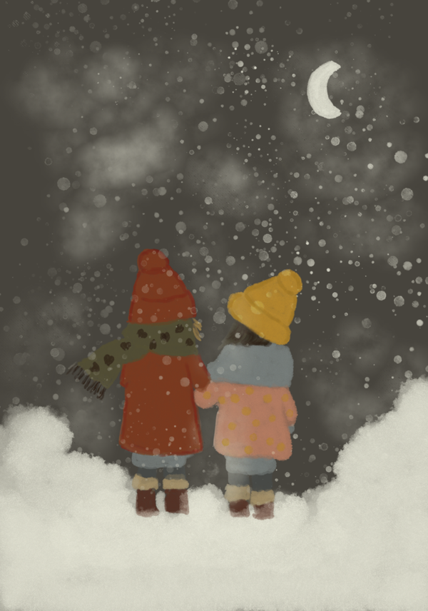 Aquarelkaart "meisjes in de sneeuw"