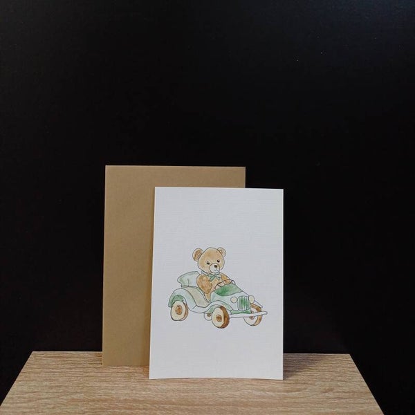Aquarelkaart "beertje in auto"