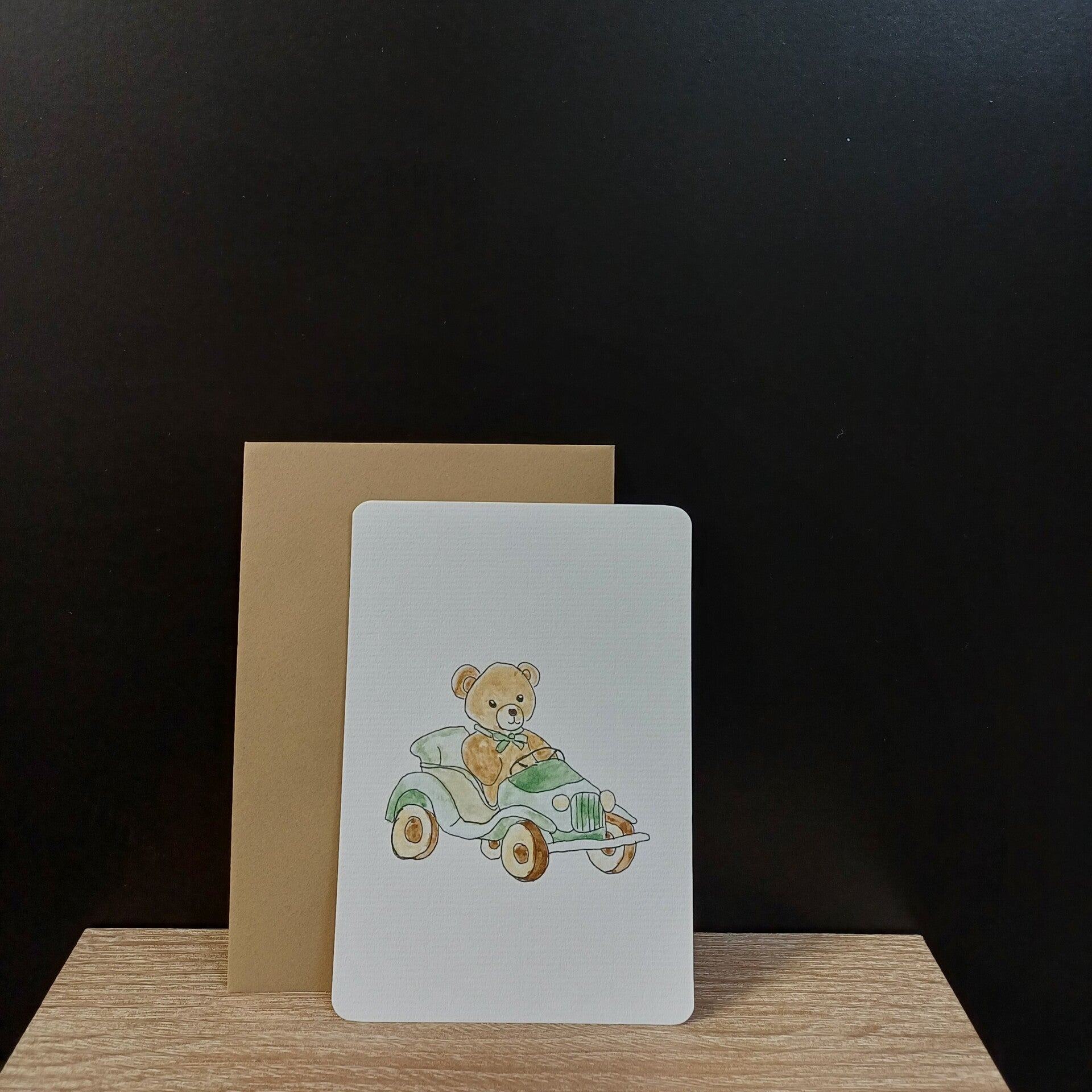 Aquarelkaart "beertje in auto"