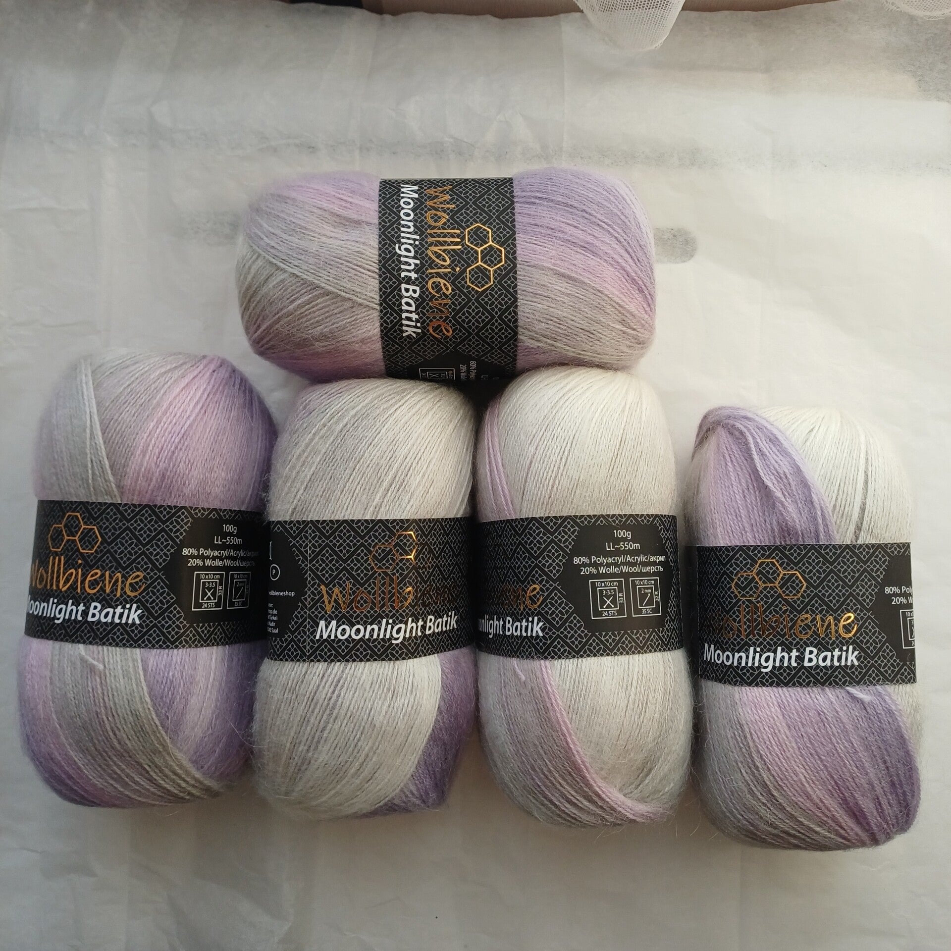 Lot de 5 pelotes de Wollbiene moonlight batik rose lilas blanc gris