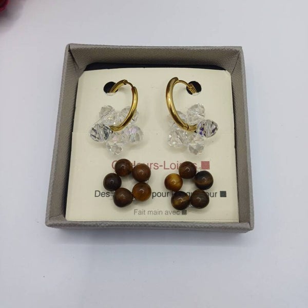 Coffret boucles d’oreilles avec pampilles interchangeables en perle de verre et œil de tigre