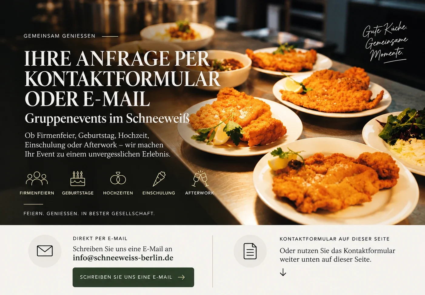 Gruppenevents im Restaurant Schneeweiss Berlin – Anfrage für Firmenfeiern, Geburtstage und besondere Anlässe per Kontaktformular oder E-Mail