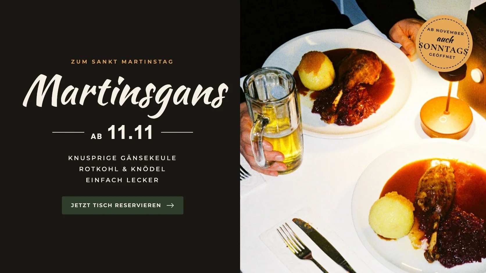 Martinsgans im Schneeweiss Berlin ab 11.11.: Gänsekeule mit Rotkohl und Kartoffelknödel – ab November auch sonntags geöffnet.