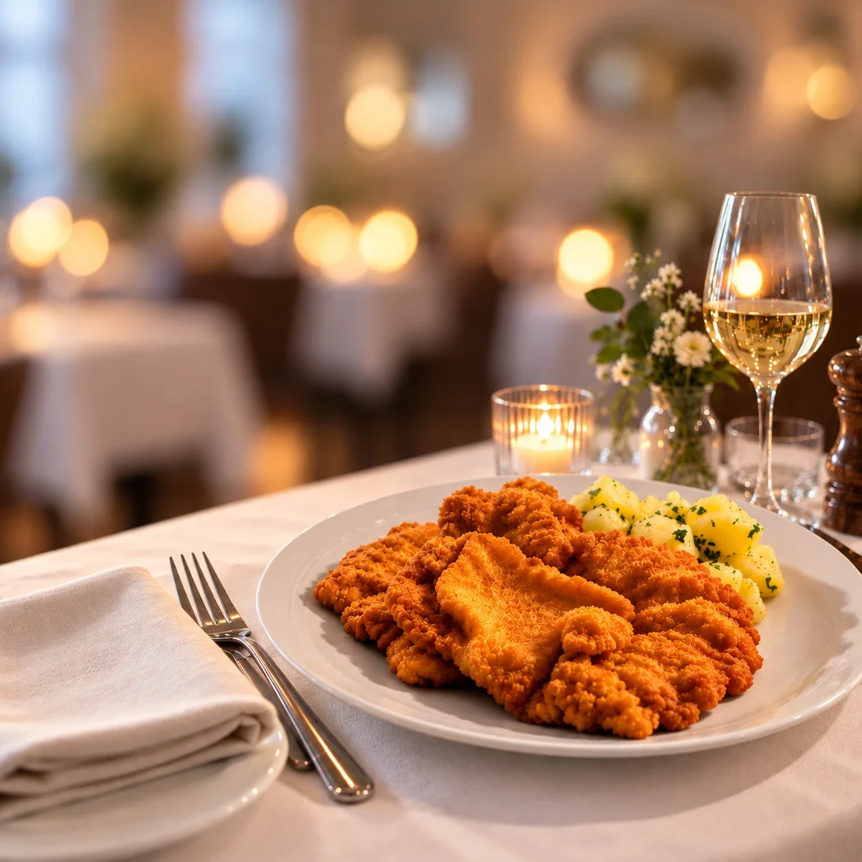 Wiener Schnitzel mit Kartoffeln auf einem gedeckten Tisch im hellen Restaurant Schneeweiß in Berlin