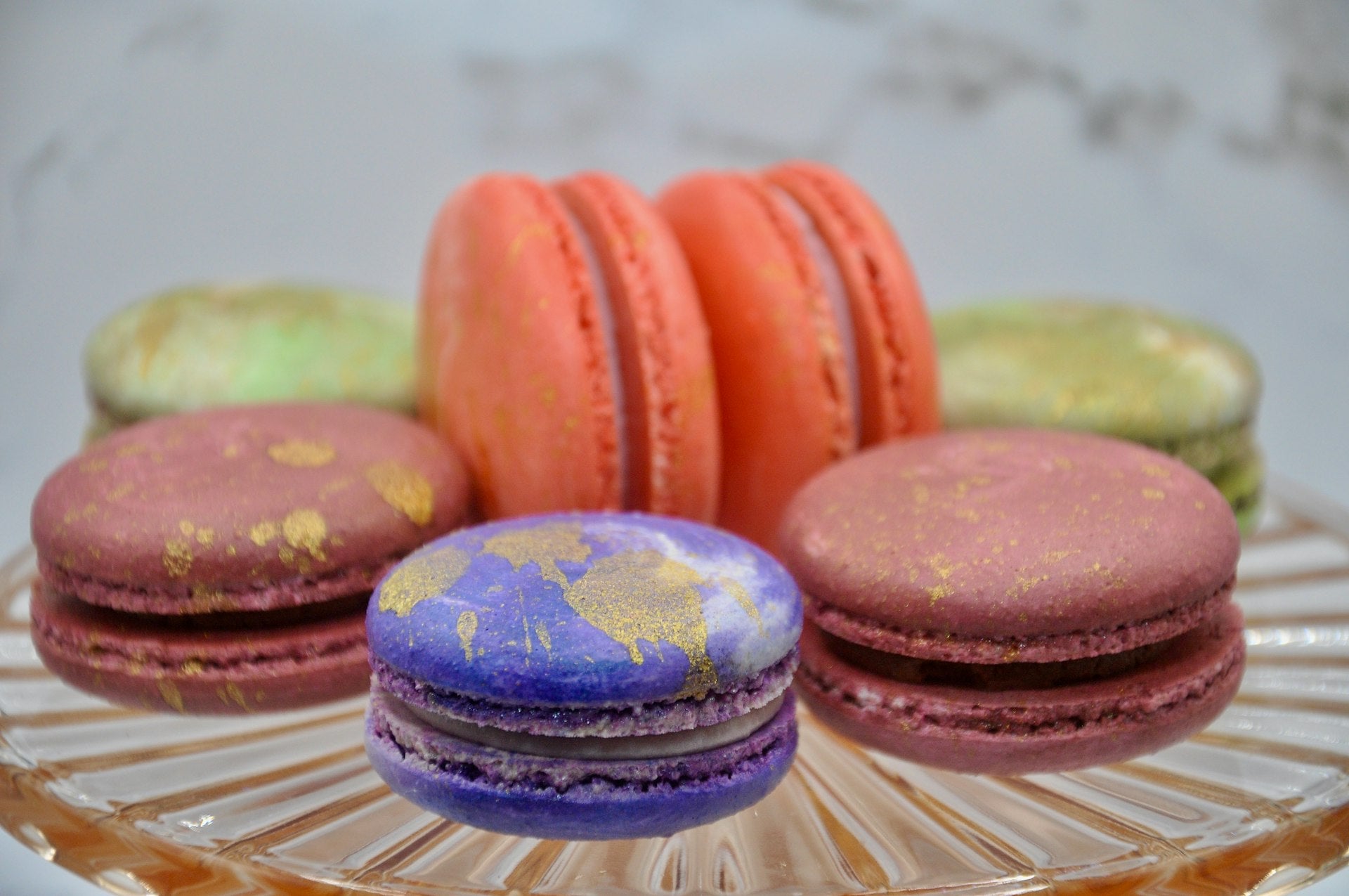 Bob's bakery, macarons, peach macarons, raspberry macarons, pistachio macarons, chocolate macarons